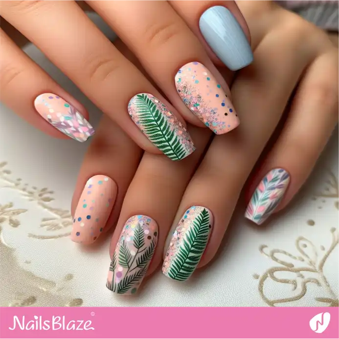 Embellished Fern Leaves Nails | Nature-inspired Nails - NB1548